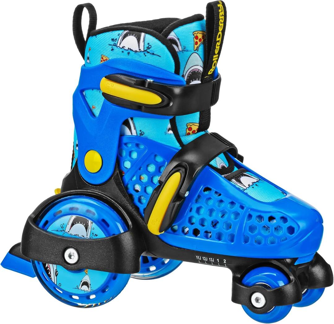 Fun Roll Beginner Roller Skates by Roller Derby, Adjustable Sizing, Skates for Kids, Toddlers, Boys, Girls (Medium (11-2), Pizza Shark)