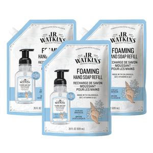 J.R. Watkins Foaming Hand Soap Refill, Moisturizing Foam Hand Wash, All Natural, Alcohol-Free, Cruelty-Free, USA Made, Ocean Breeze, 28 fl oz, 3 Pack