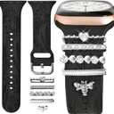 Watch Band Charms (Band Included), Compatible with Apple Watch Band 38mm 40mm 41mm 42mm(S10), Floral Engraved Silicone Straps Accessories for iWatch Bands Ultra 3 2 1 Series se 11 10 9 8 7 6 5 4 3 2 1 (Silver bee)