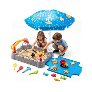 Excavator Sandbox for Kids with Lid and Umbrella, Working Digger, Dump Truck and 8 Sand Toys, Outdoor Construction Playset for Backyard and Beach, Ages 3+