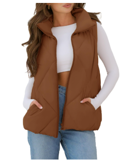 MEROKEETY Womens 2025 Puffer Vest Sleeveless Zip Up Quilted Coat Stand Collar Gilet Jacket With Pockets (Small, Brown)