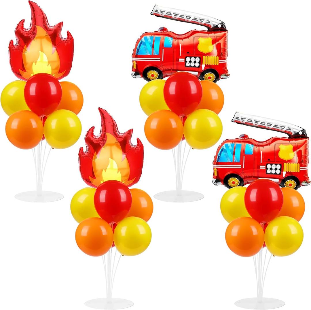 4 Sets Fire Party Balloons Stand Kit with Flame Fire Truck Foil Balloons Orange Yellow Red Party Balloon Centerpiece for Tables for Fireman Firefighter Rescue Themed Birthday Decorations