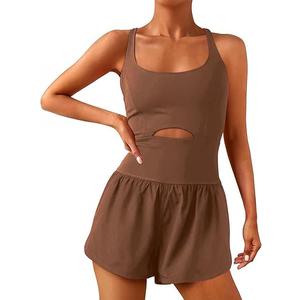 Wenlia Women Workout Romper Onesie with Padded Bras Sleeveless One Piece Outfits Shorts Atheletic Running Jumpsuit Clothes (Coffee Brown,Medium)