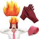 Toulite 3 Pcs Halloween Angry Dress Up Set Included 2 Toned Flame Wig Red Textured Tie Gloves Halloween Cosplay Costume for Men Adult Party Supplies
