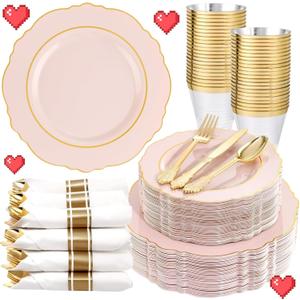 Liacere 350PCS Pink Plates Disposable-Pink Plates 50guest Baroque Plastic Dinnerware include 100Plates, 50Pack Pre Rolled Napkins with Silverware 50Cups Perfect for Valentine's Day Valentines Day