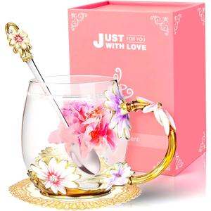 Wisolt Birthday Gifts for Women Mothers Day Gifts for Her Mom Grandma Teacher Friend Anniversary Christmas Valentines Day Glass Coffee Mug with Spoon