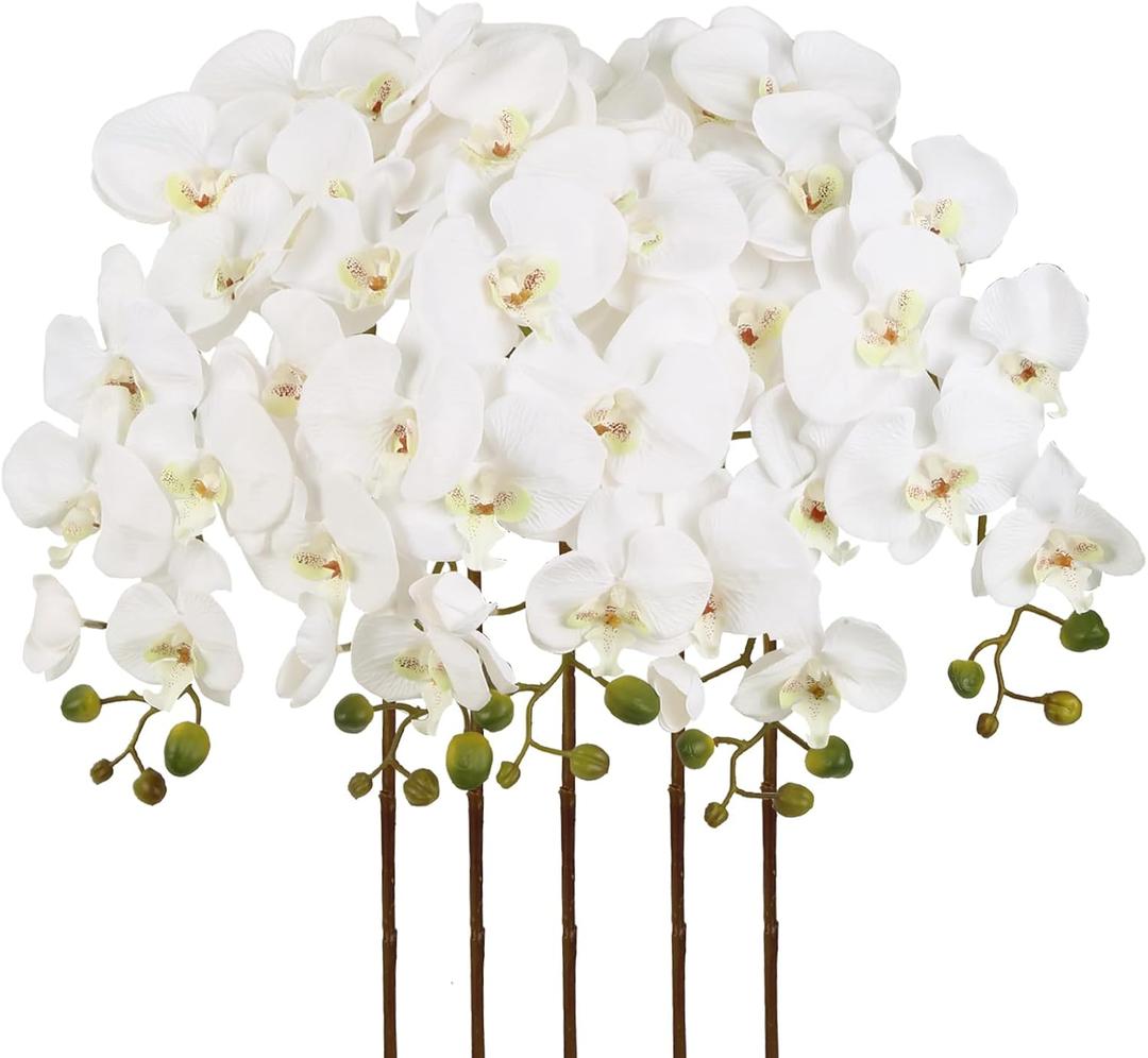 IPOPU 40.16" White Orchid Artificial Flowers 5PCS Fake Orchid Long Stems Phalaenopsis Branches Real Touch Silk Orchids for Vase for Bridal Shower Home Party Wedding Decoration (White)
