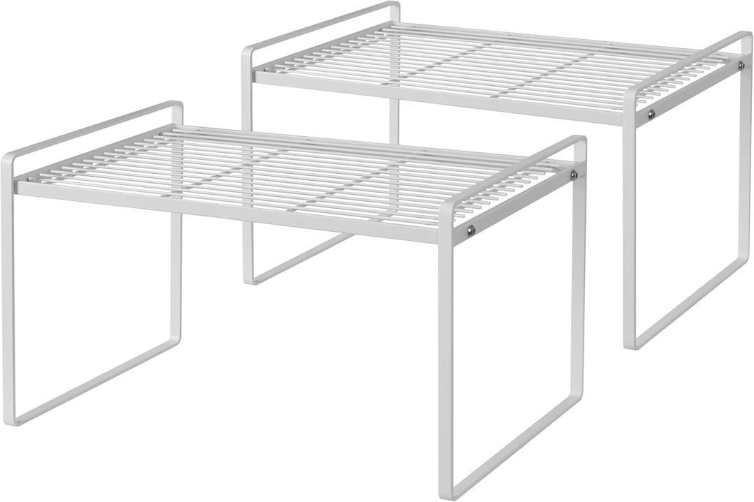 Shantton 2Pack Kitchen Cabinet Shelf Counter Organizer Rack Pantry Storage Bathroom Bedroom Office Table Desk Space Saving Stackable Rust Resistant Non Slip White Tall Wide L16.1in W10.6in H9.5in