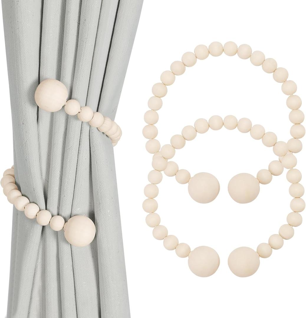 Wood Bead Curtain Tiebacks, Curtain Tie Backs for Curtains 2 Pack, DIY Curtain Holdbacks for Thin or Thick Window Draperies, Twist Tie Backs for Boho Bedroom Nursery Farmhouse Decor