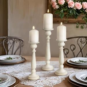 AELS Tall Candle Holders Set of 3, Rustic Pillar Candle Holders & Candlestick Holder, Vintage Centerpiece Table Decorations, Fireplace Mantel Decor, Antique Candle Holder Decor, Distressed White