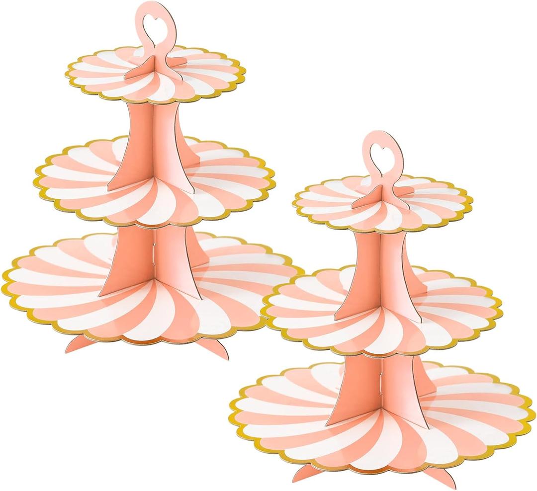 2 x Soleebee 3-Tier Cupcake Stand, Cardboard Cupcake Tower, Dessert Cup Cake Stand Tower for Birthday Wedding Party Decoration, Cupcake Tier Stand 2 Set (Pink Gold)