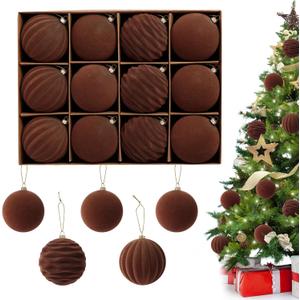 3.15 inch Velvet Christmas Ornaments Balls Sets, 12 PCS Velvet Ornaments for Christmas Tree, Flocked Ornaments Balls for Holiday Party Xmas Hanging Decoration (Brown, 3.15inch)