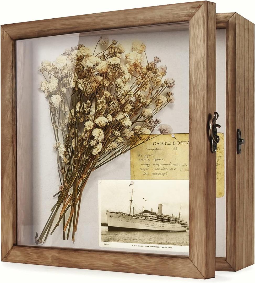 TJ.MOREE Shadow Box Display Case 11 x 11 Flowers Shadow Box Frame with Glass Window Picture Frame Wedding Bouquet Memorabilia Medals Photos Memory Box for Keepsakes - Carbonized