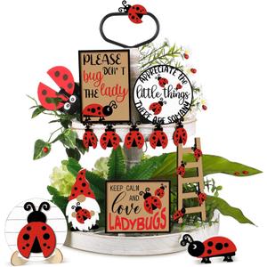 Jetec 12 Pcs Red Ladybug Tiered Tray Decor Set Spring Summer Wood Sign Rustic Farmhouse Decor Ladybird Tiered Decorative Trays Signs for Home Kitchen Decorations (Ladybug)