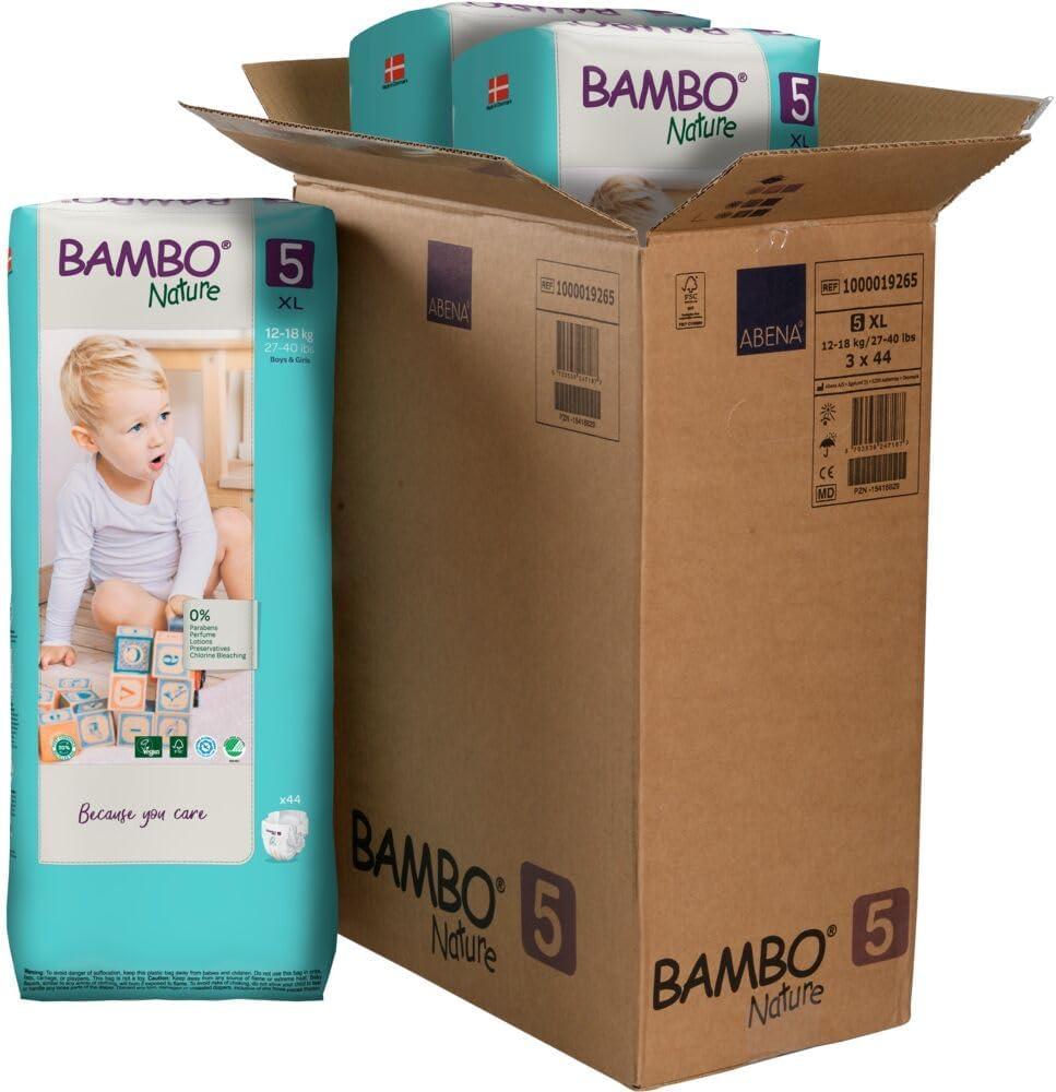 Bambo Nature Hypoallergenic Baby Diapers, Eco-Labeled Sustainable Diapers, Enhanced Leakage Protection, Totally Chlorine-Free, Skin Friendly, and Super Absorbent - Size 5 (27-40lbs) - 132 Count