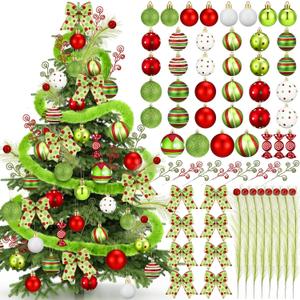 Leitee 109 Pcs Christmas Tree Decorations Lime Green Red Peppermint Candy Ball Ornaments Elf Christmas Tree Picks Swirl Glitter Xmas Stems Polka Dots Bow Home Faux Fur Ribbon for Holiday Party Decor