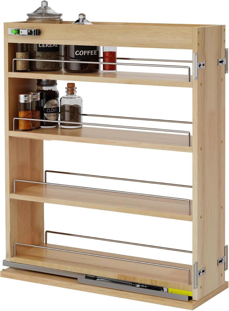 Pull Out Spice Rack Organizer for Cabinet (6.5" W x 22.3" D x 25.2" H), Sliding Spice Rack for Kitchen Cabinet, Wood Pull Out Cabinet Organizer for Multi-Use