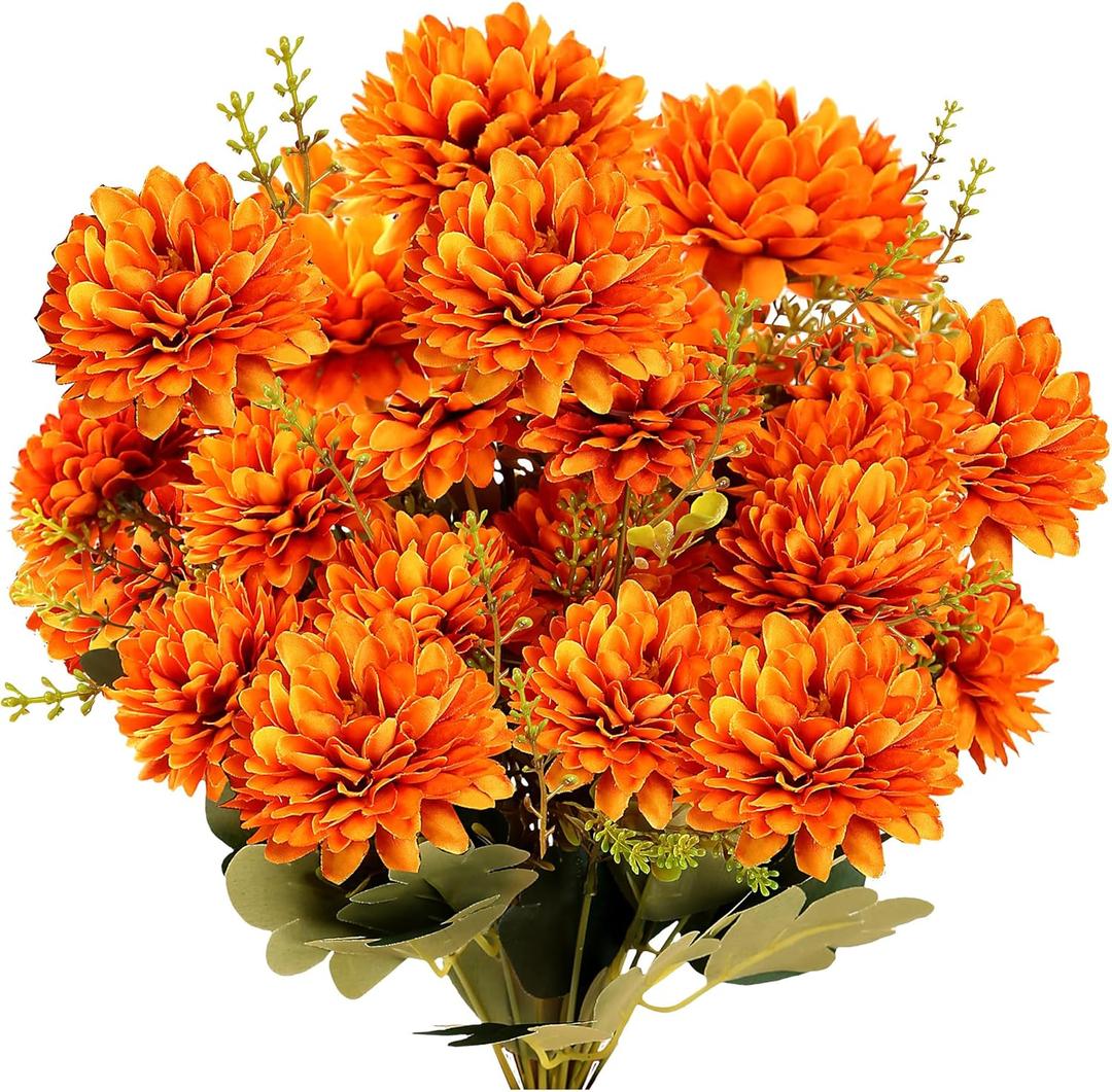 Sggvecsy 2 Bundles 18 Heads Artificial Fall Flowers Faux Mums Fake Silk Orange Chrysanthemums with Greenery Plants Floral Arrangement for Indoor Outdoors Garden Home Wedding Thanksgiving Autumn Decor