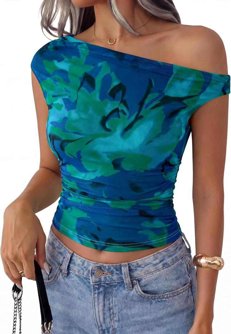 PRETTYGARDEN Women's Off Shoulder Tops 2026 Summer Going Out Crop Tank Tops Asymmetrical Floral Mesh Tight Y2K Shirts Clothes (Blue, XL)