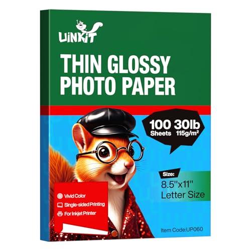 Uinkit 100 sheets 115gsm Photo Paper 30lb Very Thin Flyer Photo Paper Glossy 8.5x11 Single Side Inkjet Paper DIY Chip Bag Glossy Photos Brochure Paper Picture for Inkjet Printer with Dye Ink