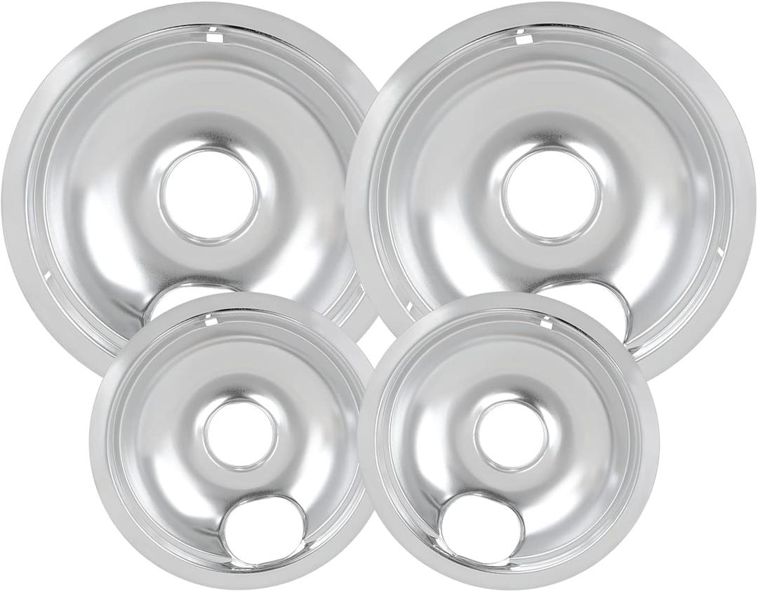 4 Pack Chrome Drip Pans, Compatible with Whirpool Kenmore Frigirate Stove Top Drip Bowls. Include 2 Pcs 6'' Range Replacement Drip Pans and 2 Pcs 8 '' Cooktop Drip Pans