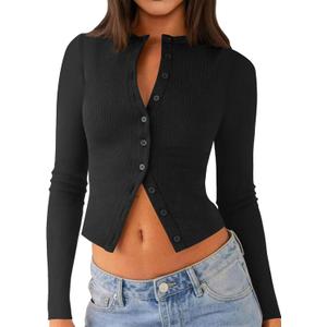 Womens Long Sleeve Tops Fall Lightweight Cardigan Cropped Going Out Shirts Ribbed Button Down Cute Trendy 2025 (Large, Black)