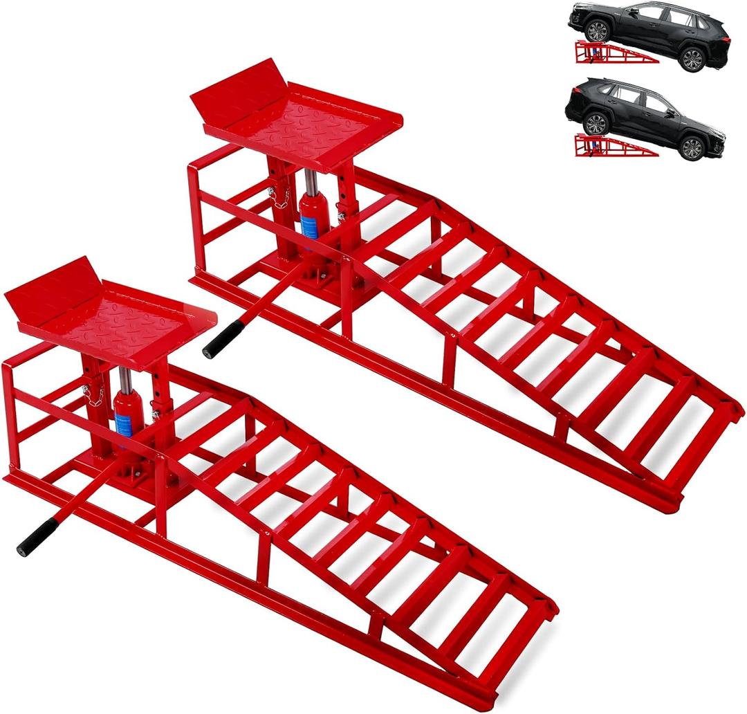 Rovibek Hydraulic Car Ramps 2 Pack, 11000LBS 5THeavy Duty Steel Car Ramps, Automotive Truck Service Ramp High Lift 11.6"-16.5" for Oil Changes Maintenance, Red