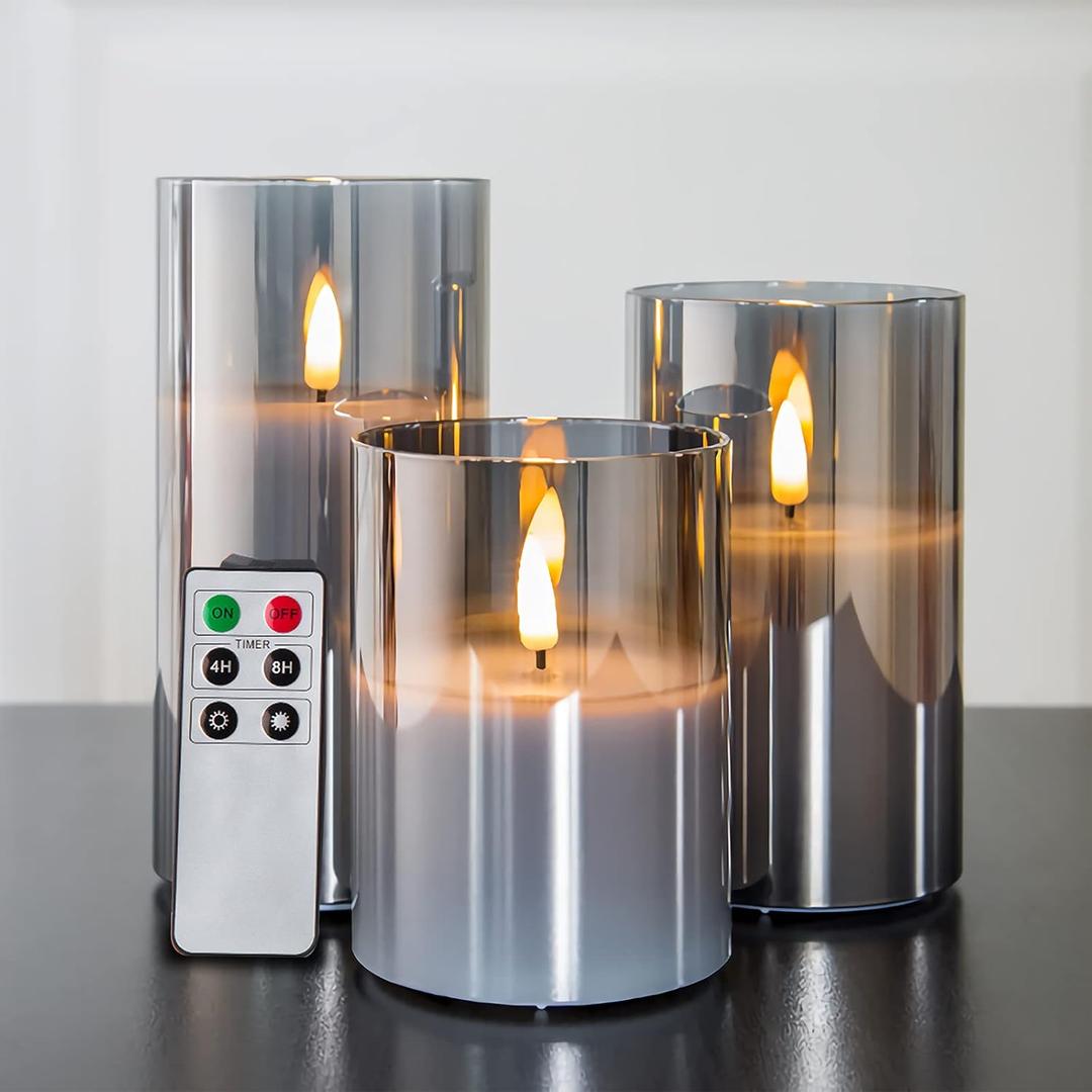 Eywamage Smoke Grey Glass Flameless Candles with Remote, Flickering Battery Operated LED Pillar Candles Set of 3 (Gray)