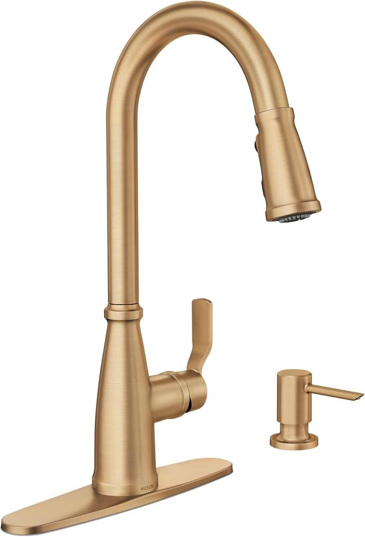 Moen Nolia Bronzed Gold One-Handle High Arc Kitchen Faucet with Pull Down Sprayer and Soap Dispenser, Kitchen Sink Faucet Featuring Power Boost Technology, 87071BZG