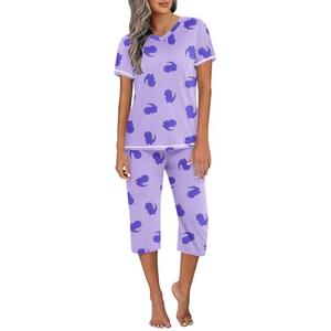 Ekouaer Capri Pajama Sets for Women Short Sleeve Tops Sleepwear Sleep Sets Pjs Sets Soft Two Piece Loungewear Sets, XL