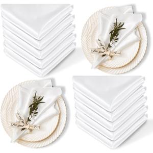 12 Pack Satin Table Cloth Napkins, 17x17 Inch White Silky Wedding Napkins Cloth Washable, Luxury Dining Table Cloth Napkins Set for Birthday Holiday Party Dinner Restaurant