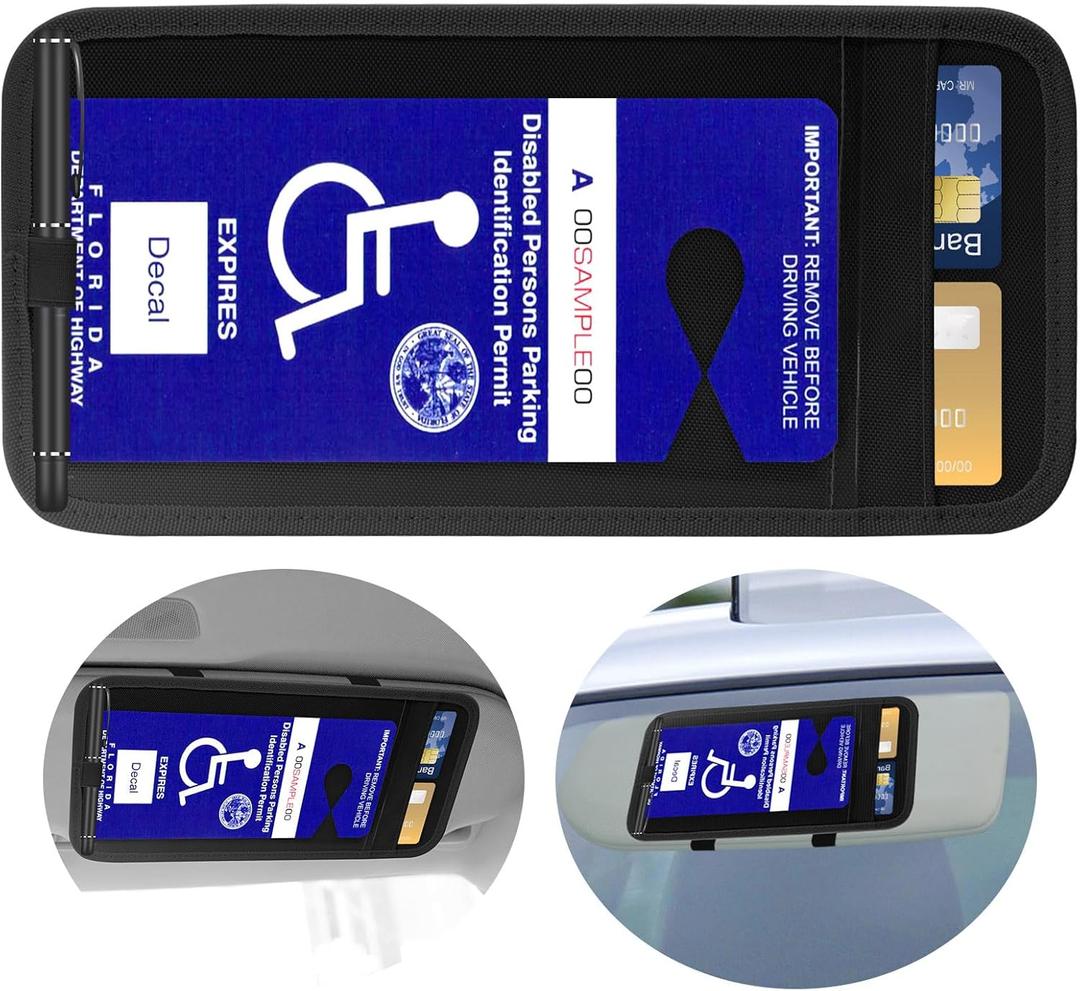 Handicap Placard Holder for Car, Disabled Parking Permit Sign Protector for Car Visor Auto Card Clip with Pen Holder, Note Paper Card Slot, Elastic Strap (2, Black)