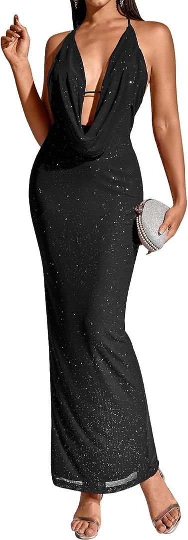 KUTUMAI Women V Neck Long Formal Dress Floral Bodycon Maxi Split Back Dresses Sexy Sequin Evening Cocktail Party Gown L