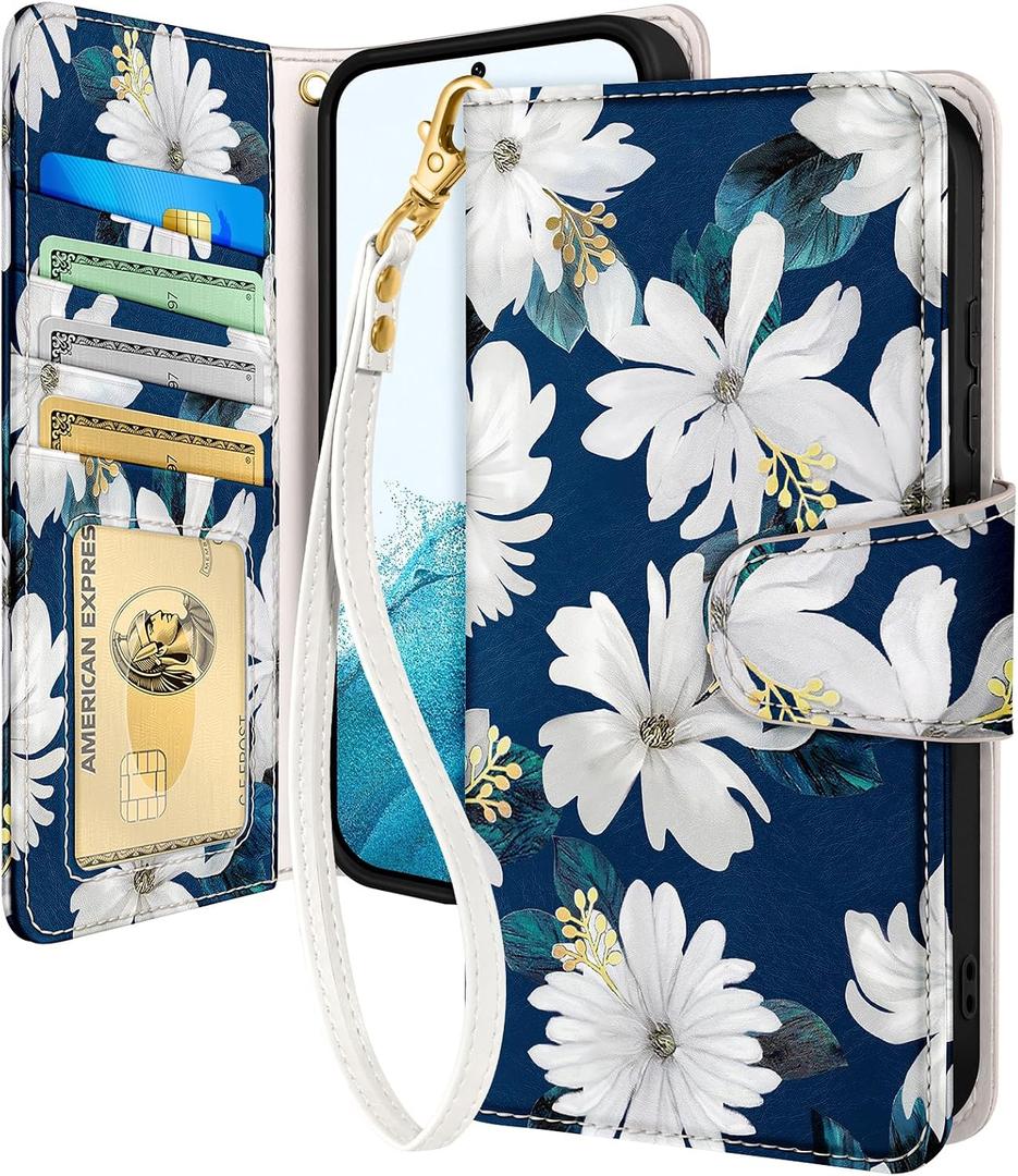 Toycamp for Samsung Galaxy S21 Wallet Case with Wrist Strap - Leather Flip Folio Cover with RFID Blocking 4 Card Slots Galaxy Samsung S21 Cute Aesthetic for Women Lady, Blueleaf Flower