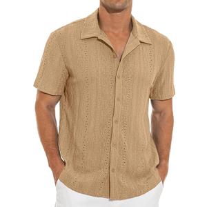 NITAGUT Men's Short Sleeve Shirts Casual Button Down Shirts Vacation Beach Summer Hollow Out Tops, Khaki, Small
