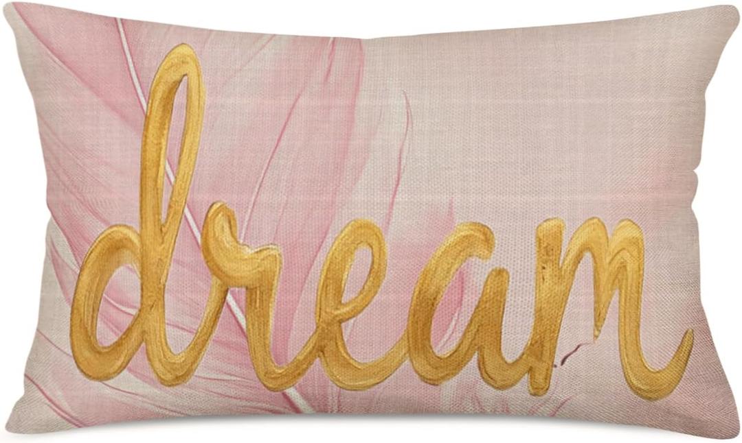 Fukeen Inspirational Words Dream Throw Pillow Cases Pink Watercolor Paint with Golden Letters Pillows Cushion Cover Cotton Linen Rectangular 12x20 Inch Personalized Waist Pillowcase Home Couch Decor