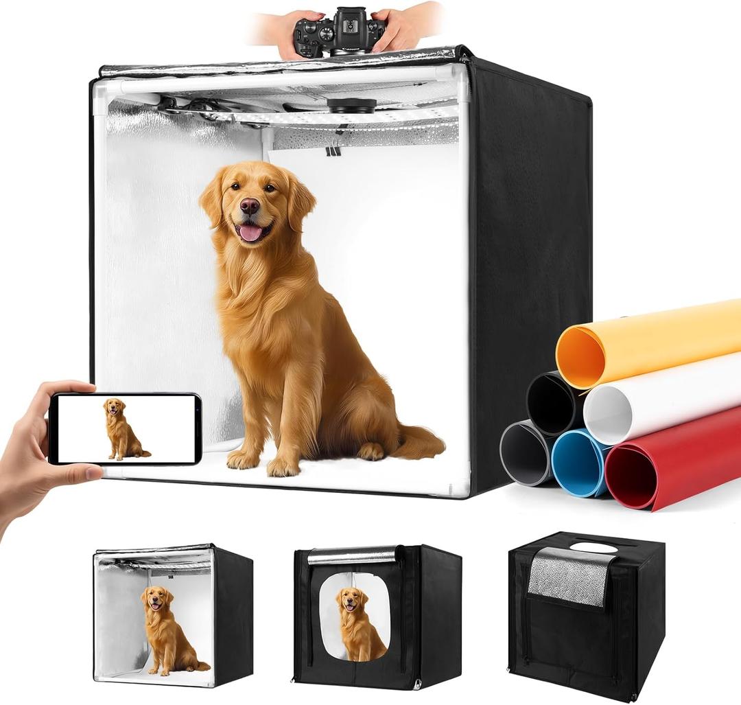 Photo Light Box, Portable 12/16/20/24/32 Photo Studio Light Box, Shooting Tent Kit with 405 Light Beads and 6 Color Backdrops. Lightbox with 3 Stepless Dimming Light Boards for Product Photography