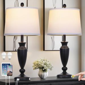 Rinweey 27'' Black Table Lamps Set of 2, 3 Way Touch Control Living Room Lamps with USB A+C Ports, Modern Bedside Lamps, Elegant Metal Nightstand Lamps for Bedroom Office End Table Decoration