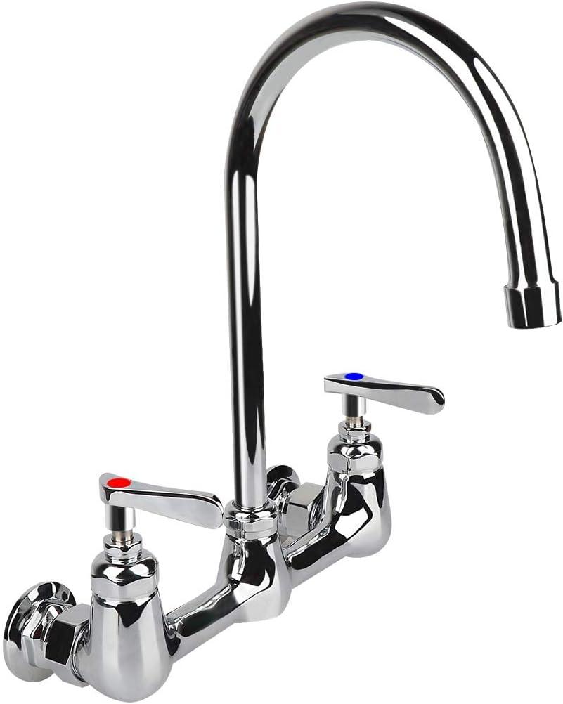 KWODE Wall Mount Faucet 8 Inch Center Commercial Kitchen Sink Faucet with 6" Gooseneck Swivel Spout 2 Handles Control Brass Contructed Chrome Finish