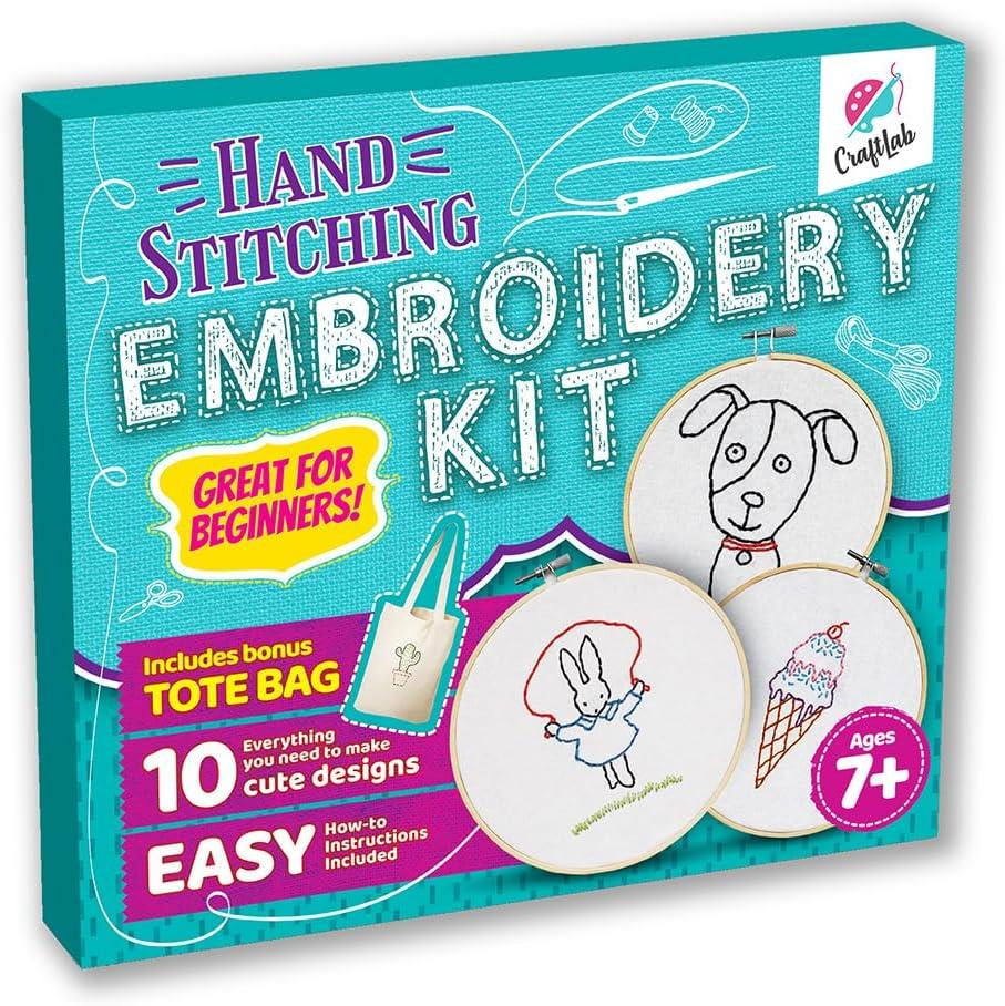 CraftLab Embroidery Kit for Kids - Beginner Sewing Kit with 10 Projects, Hoops, Thread, Patterns