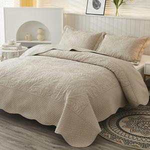 MarCielo 3-Piece 100% Cotton Oversized Bedspread Lightweight Quilt Coverlet Embroidery Farmhouse Bedding Set T0 (Yellowish Beige, Oversized King (118"x106")