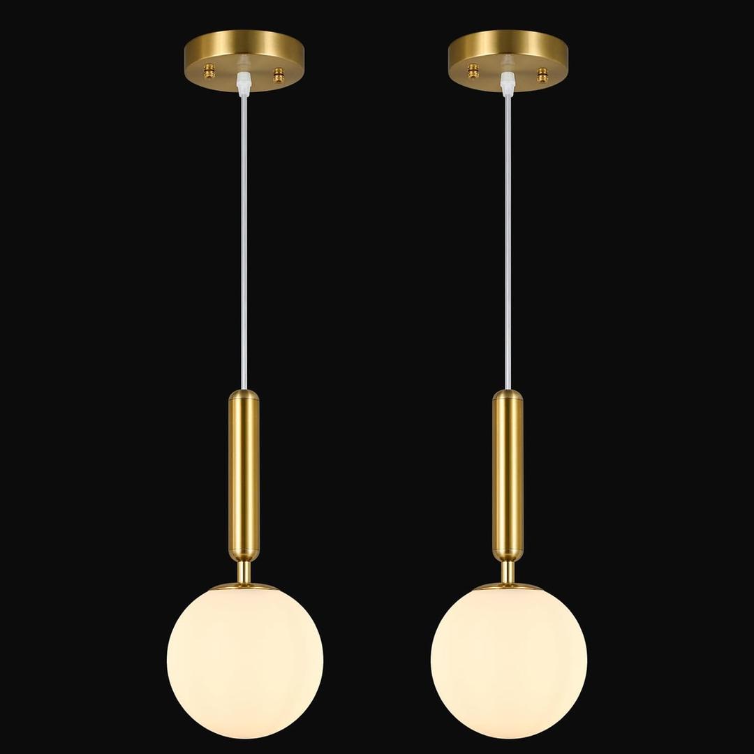 Modern Hanging Light Fixture Pendant Lighting for Kitchen Island Mid Century Gold Pendant Lights with Globe Milky White Glass Pendant Light for Bedroom Bathroom Entryway (2 Pack)