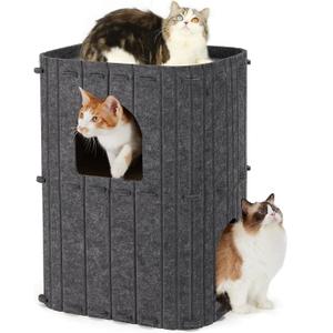 FUKUMARU Cat House for Indoor Cats, 23.62 Inch Large Cat Bed Cave Condo, 2-Storey Cozy Felt Covered Cats Tunnel Kitten Hideaway for Multicats, Scratch Resistant, Dark Grey