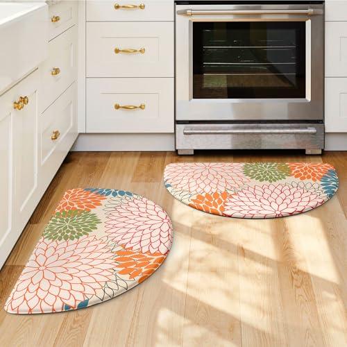 KIMODE Half Circle Kitchen Mats for Floor Cushioned Anti Fatigue,Semi Round Boho Kitchen Rug Sets of 2 Non Slip,Waterproof Padded Kitchen Floor Mat Carpet Decor for Sink Laundry Bathroom, 28" x 18" (2 PCS)--0.47 inches, Colorful