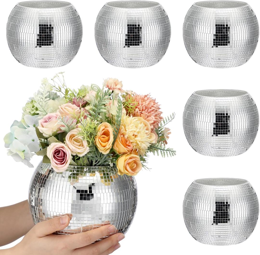 Inbagi 6 Pcs Disco Ball Planter Disco Ball Vase Centerpieces Mirror Glass Flower Vase Decor Candle Holder Bulk for Wedding Birthday Party Bedroom Kitchen Office(5.5 x 7 Inch,Silver)