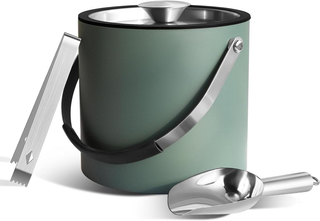 Bakpoco 3L Ice Bucket with Silicone Lid, Scoop, Tongs & Strainer, Stainless Steel Double Wall Insulated Ice Buckets for Parties & Cocktail Bar, Outdoor Champagne Ice Container Bin, Dusty Green