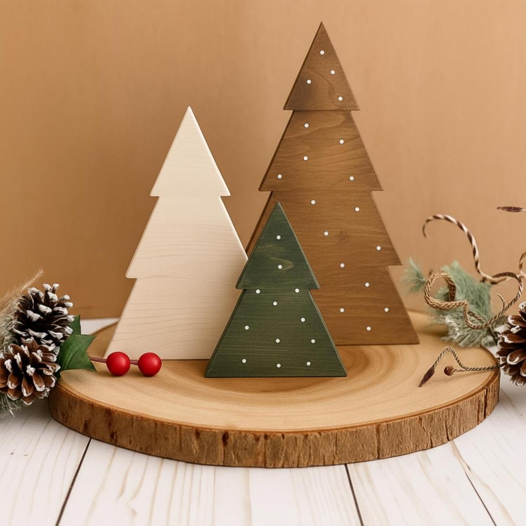 3 Pcs Christmas Decorations Rustic Farmhouse Wood Christmas Trees Neutral Tabletop Tree Signs Decor Freestanding Xmas Wooden Decorations for Fireplace, Mantle, Shelf, Home, Office