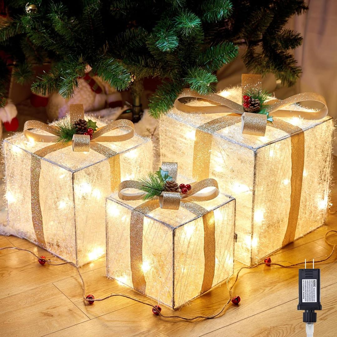Brightown 3 Pieces Lighted Gift Boxes Christmas Decoration,12in 10in 8in Light Up Box with Pre-lit 60 LED Mini Bulb,Foldable Present Ornament for Indoor Outdoor Xmas Tree Party Holiday Decor