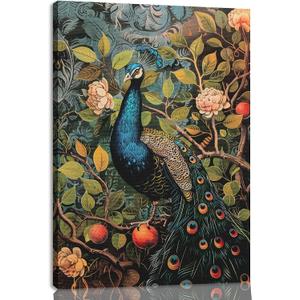 Morris William Peacock Canvas Wall Art Decor, Morris William Animal Painting Poster, Peacock Pictures for Wall Living Room Bedroom Home Decoration 12*18 in (Stretched Canvas on A Wooden Frame)