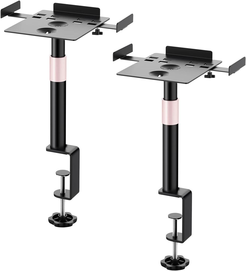 Desk Clamp Studio Monitor Speaker Stands Set of 2, Desktop Projector Stands 25 Tilt Angle Mount Height Adjustable, Tray Width from 7" to 11", Load Capacity 55 lbs